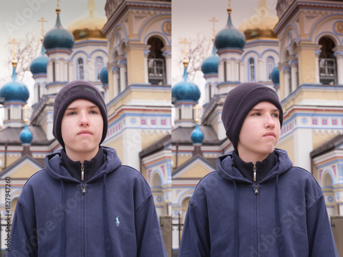A diptych shows a young man in a blue hoodie and beanie with an Orthodox church background. The left image has a calm expression, while the right features a serious, focused gaze to the side.