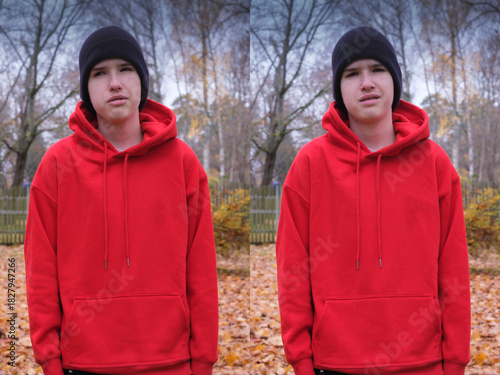 A diptych shows a young man in a red hoodie and black beanie outdoors among autumn leaves. The left image has a neutral expression, while the right features a slight frown or grimace.