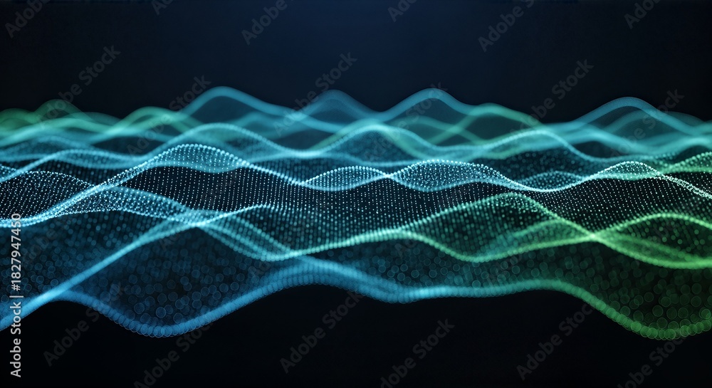 Fototapeta premium Abstract digital wave pattern with glowing blue and green lines on a dark background, representing technology and data flow.