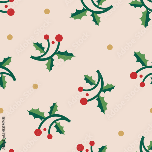 Holly berry branches, Christmas pattern. Seamless festive background. Seasona...