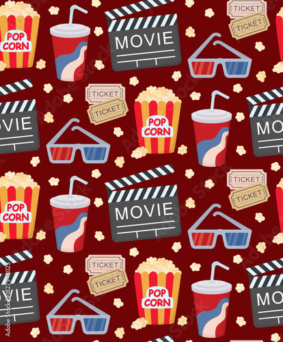 Seamless pattern with movie cinema elements. Colorful background with popcorn, tickets, clapperboard, 3D glassesand soda drink