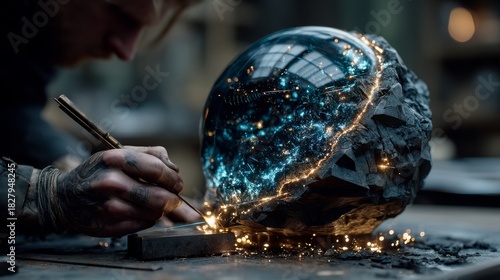 Crafting a cosmic orb in a workshop filled with glowing sparks and mysterious designs