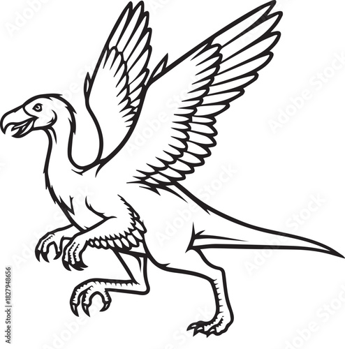 Ancient feathered dinosaur with wings outstretched in flight, stylized illustration