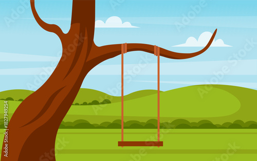 Green tree and swing rural landscape. Nature and wild life concept. Vector stock