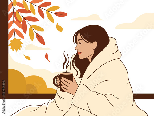 Girl wrapped in warm blanket drinking hot coffee near window looking at autumn nature pixel art vector illustration for lifestyle design