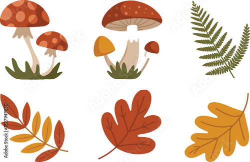 Forest mushrooms and foliage set featuring red fly agaric and brown mushrooms with fern and oak leaves pixel art vector illustration for nature design