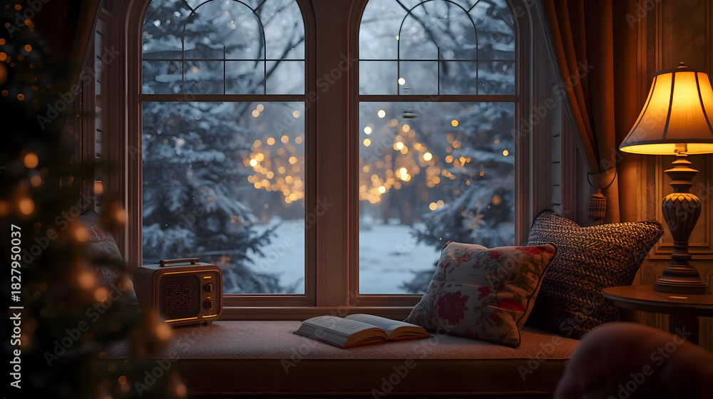 Fototapeta premium Realistic and cozy winter window view perfect for relaxing music background videos or tranquil scenes. peaceful and warm home interior with book creating serene atmosphere