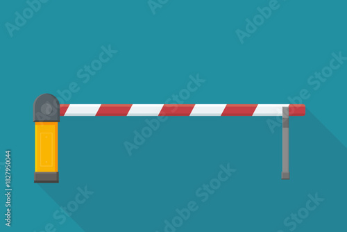 A red and white striped barrier gate in the closed position, with long shadow effect. Concept for access control, entry restriction, or security. Blue background. (flat design)