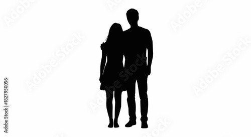 Black silhouette of a romantic couple standing together isolated on white.