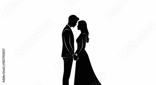 Silhouette of a Bride and Groom Holding Hands in Love.