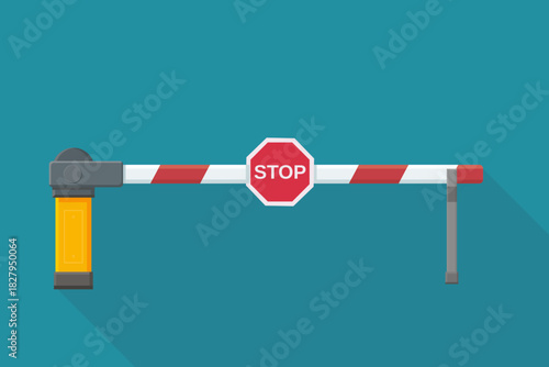 A red and white striped barrier gate in the closed position, featuring a red STOP sign. Concept for access restriction, security, or road block. Blue background. (flat design)