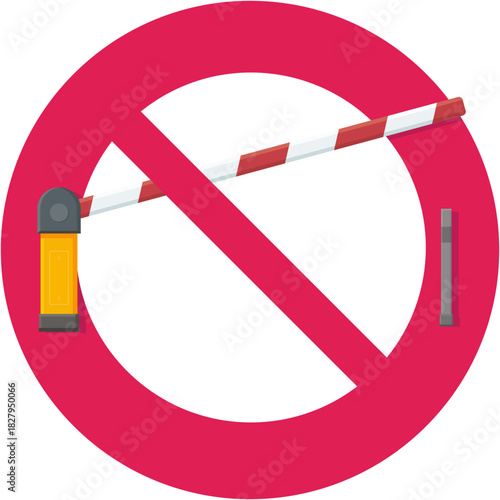 A red and white striped barrier gate crossed out by a large red circle prohibition sign (No Entry / No Access). Concept for restriction. (Flat design)(cut out)