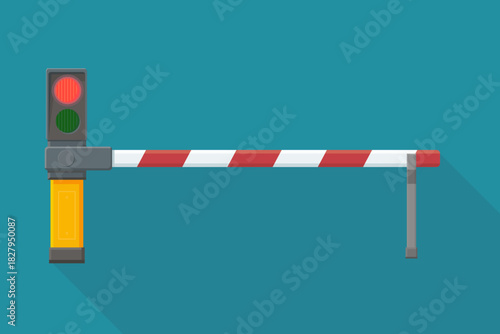 A closed red and white striped barrier gate with the red traffic light illuminated. Concept for stop, restriction, or no access. Blue background.(flat design)