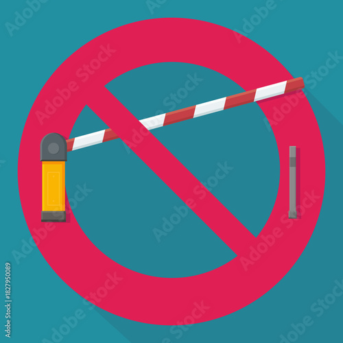 A barrier gate crossed out by a large red circle prohibition sign (No Entry / No Access). Concept for restriction, security, or denial of entry. Blue background. (flat design)