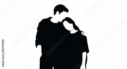 Minimalist black silhouette of a couple in a loving embrace.