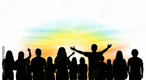 Silhouetted group of people with arms raised in celebration of togetherness.