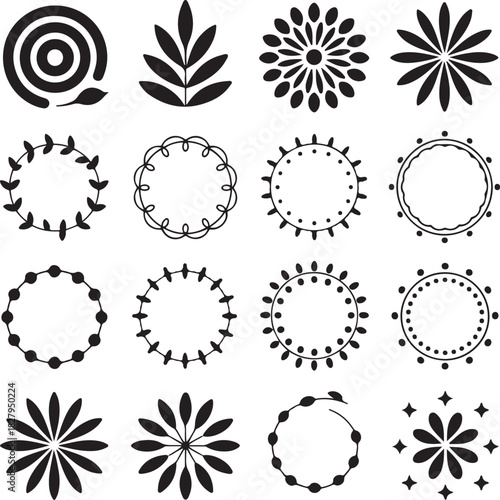 Collection of Sixteen Floral and Geometric Vector Design Elements in Black