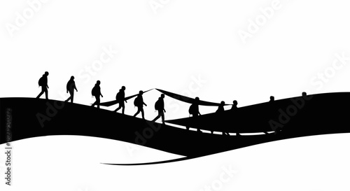 Silhouette of a group of people walking in a single file line.