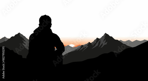 Silhouette of a person sitting and contemplating the vast mountain landscape.