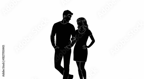 Silhouette of a couple walking together in a romantic pose.