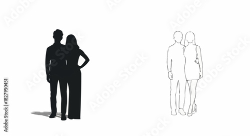 Couple standing together shown as a solid silhouette and line drawing.