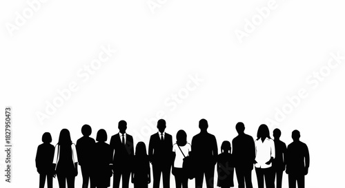 Group of people silhouettes standing together in a row, diverse community.