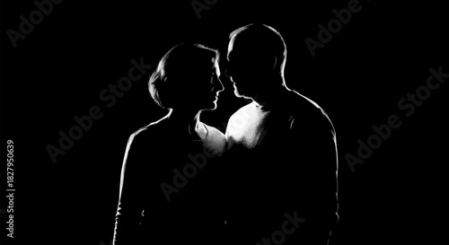 Silhouetted couple in tender embrace sharing intimate moment in darkness.