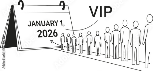 January 1 2026 calendar date with a line of people and vip access concept