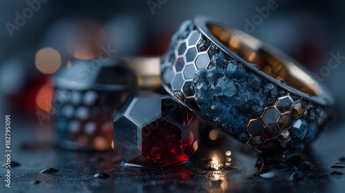 Elegant rings and gemstones arranged on a dark surface with droplets of water
