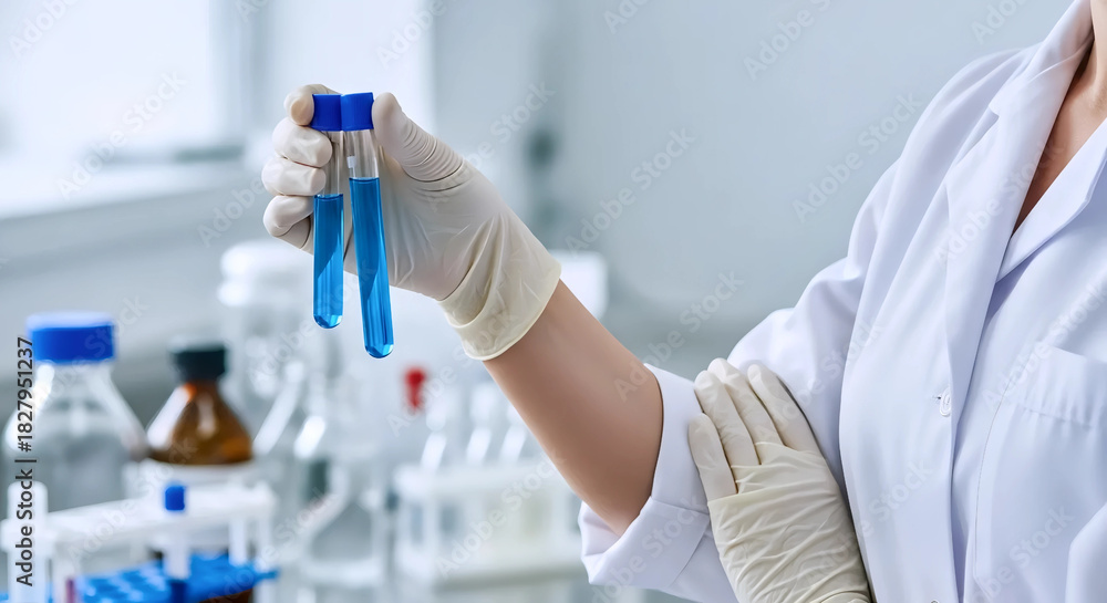 Fototapeta premium Scientist Hand in Gloves Holding Two Test Tubes with Blue Liquid in Laboratory for Research