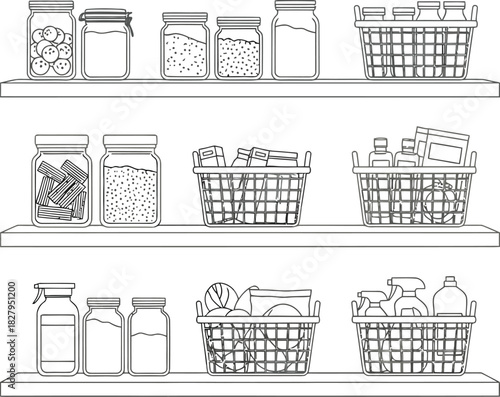 Pantry shelves with jars and baskets of food and household items in line drawing