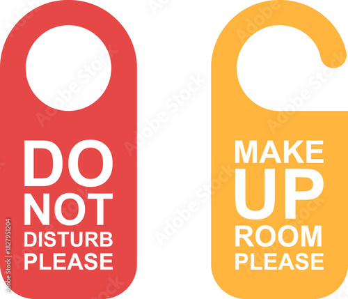 Double-sided hotel door hangers with the message Do Not Disturb in red and Please Prepare the Room in yellow-orange, essential icons for customer service and hotel management