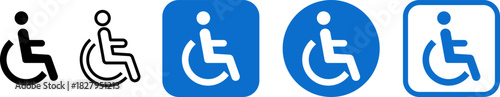Complete set of International Symbol of Accessibility (ISA) icons, presented in various styles including outline, solid black, and high-contrast blue squares and circles