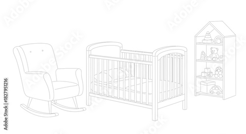 Nursery room with crib rocking chair and toy shelf in a line art illustration