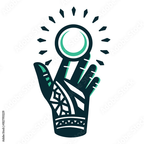 Tribal Hand Holding Orb Icon Teal and Black Vector Icon Set of Various Transportation Vehicles