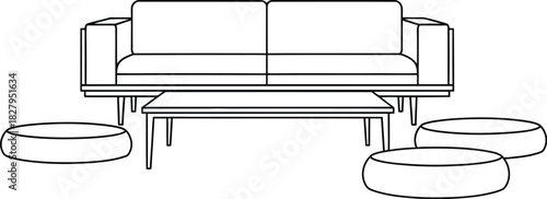 Minimalist living room setup with sofa table and round cushions on white background