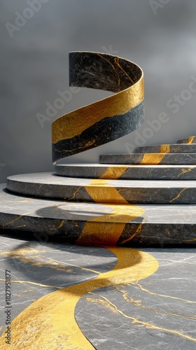 Sculptural spiral staircase featuring elegant black stone and gold accents in modern design