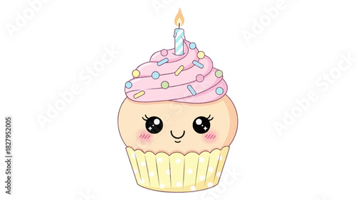 Cute cupcake with pink frosting, sprinkles, candle, and kawaii face.