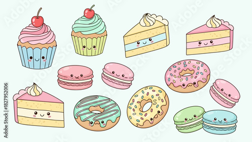 Cute cartoon sweets: cupcakes, cake slices, macarons, and donuts with smiling faces.