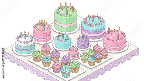 Pastel birthday cakes and cupcakes on a table with a tablecloth.