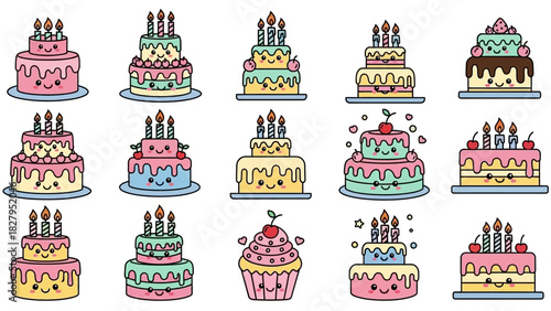 Collection of whimsical cartoon birthday cakes with smiling faces and candles.