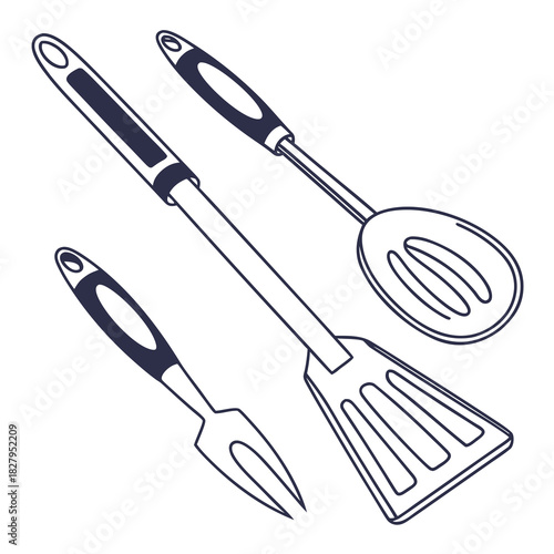 Kitchen utensils set with spatula, slotted spoon and fork