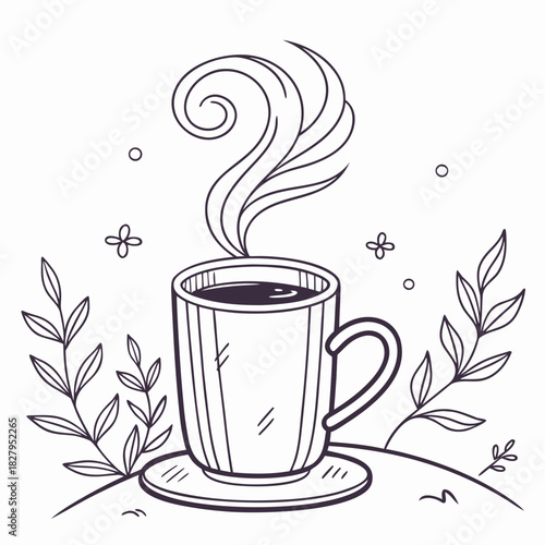 A steaming cup of coffee with floral accents