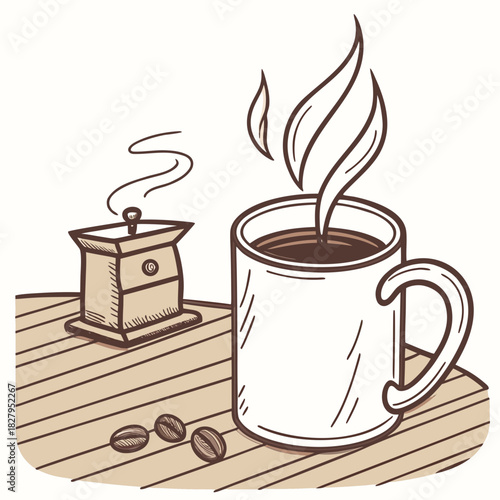 A cup of hot coffee with coffee grinder on a wooden table