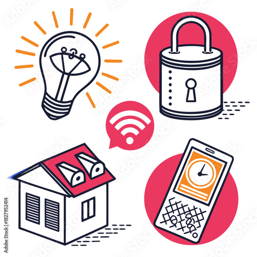 Smart home technology icons showing light bulb, lock, wifi, phone and house