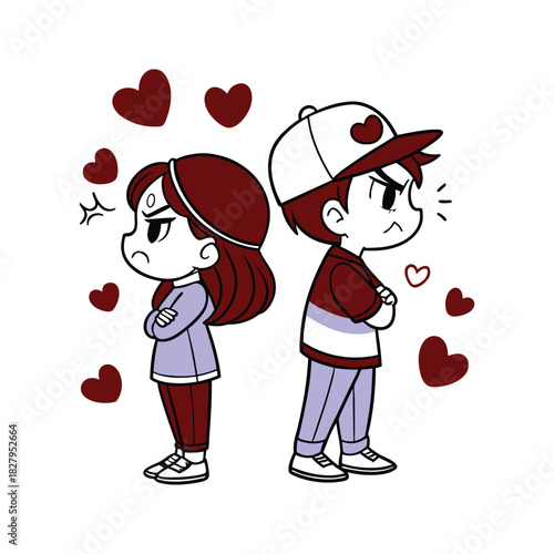 Angry cartoon couple standing back to back with arms crossed and hearts in the background