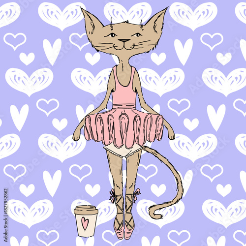 Cute comic ballerina cat character in a pink tutu with a cup of coffee, seamless pattern background with hearts, vector