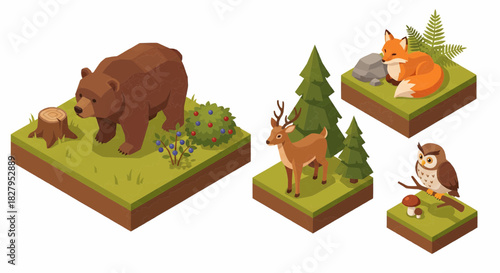 Isometric Forest Animals Wildlife Nature Elements Set on White Background