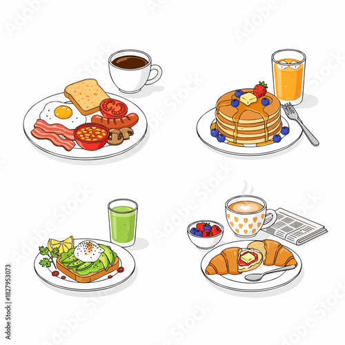 Breakfast Food Set with Pancakes Avocado Toast and Coffee