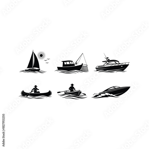 Collection of black silhouette icons representing various watercraft and activities on the water